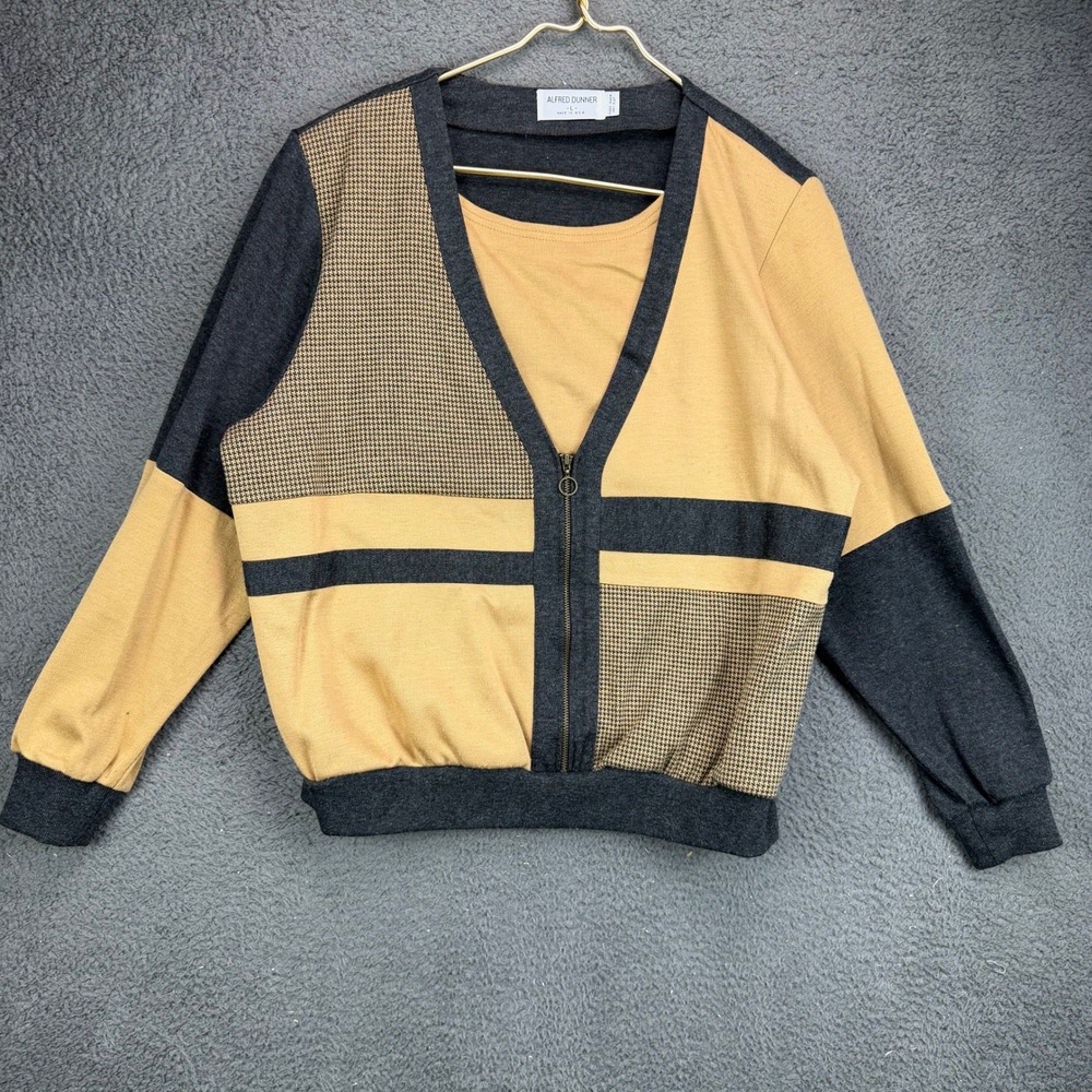 Alfred Dunner Vintage Colorblock Houndstooth Zip Front Cardigan Sweater L USA